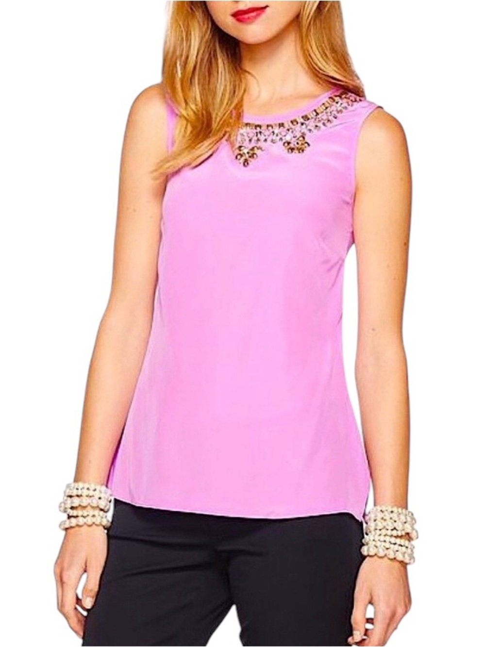NWT Lilly Pulitzer Havana Silk Sorrei Purple Pink Embellished Rhinestone Top  XS